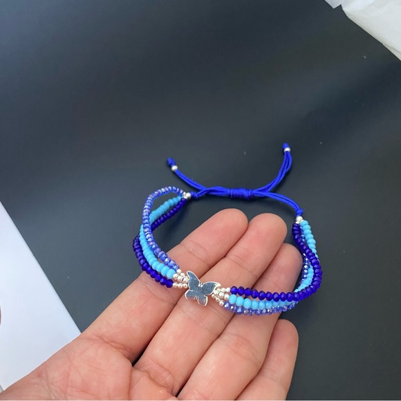 925 Sterling Silver Blue Thread  Butterfly Adjustable Three Layer Bracelet - Picture 11 of 13